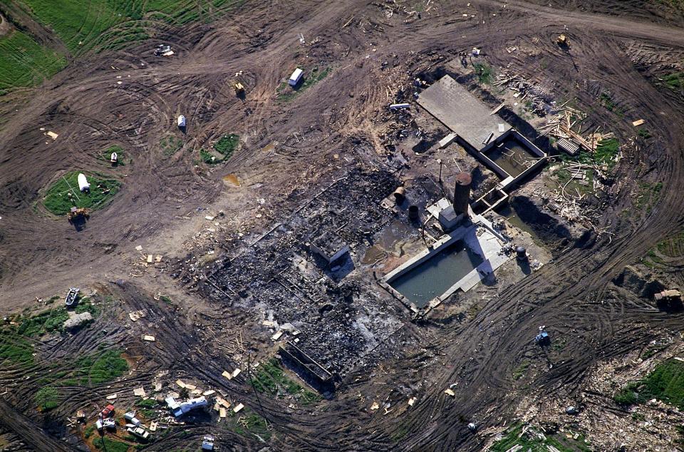  Aerial view of charred remains (including the concrete bunker) of the Branch Davidian compound in Waco