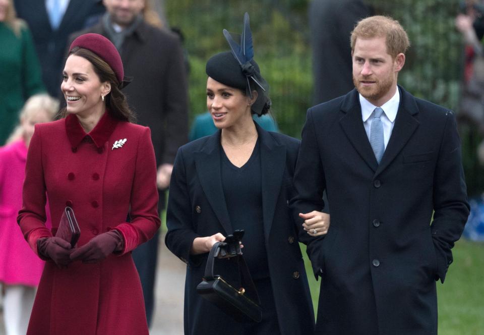  The Duke and Duchess of Sussex walk with the Duchess of Cambridge who spent her 37th birthday in Kensington Palace