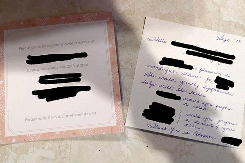 The guest revealed invitations calling for envelopes of cash and food for the bridal shower party