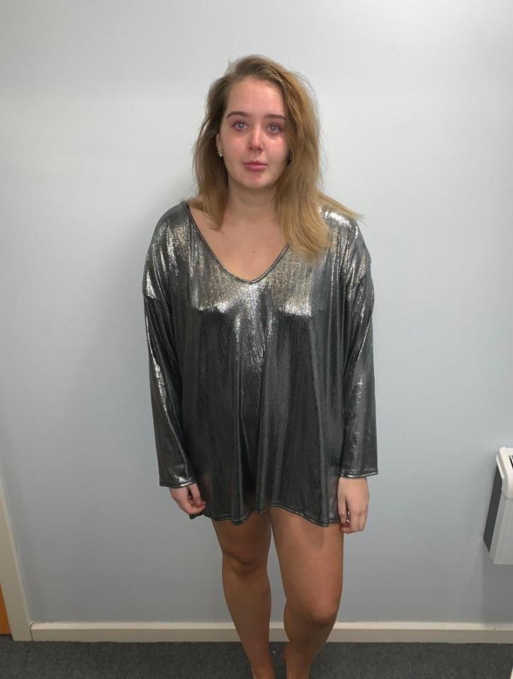  Instead of the sophisticated sequin number she ordered, Brittany ended up with this ill-fitting silver T-shirt dress