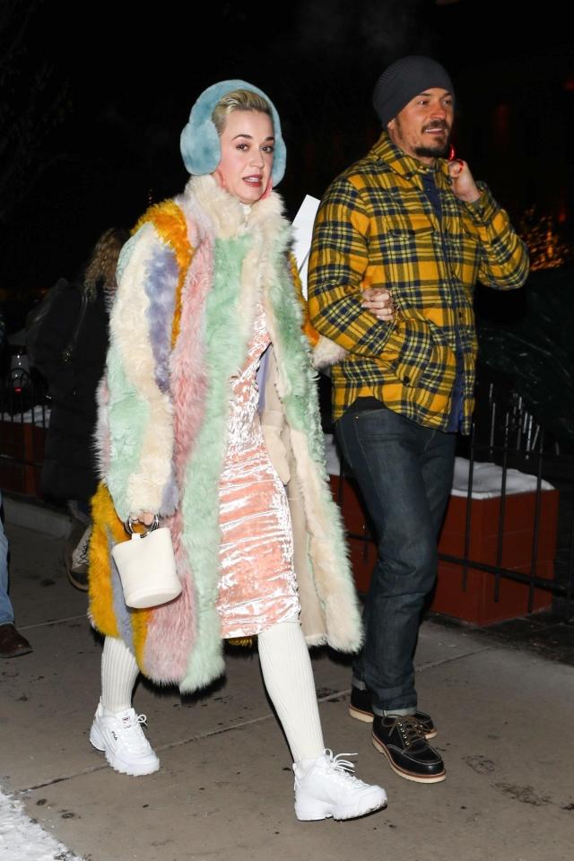  Katy Perry wears multicoloured fur jacket on ski hol with boyfriend Orlando Bloom