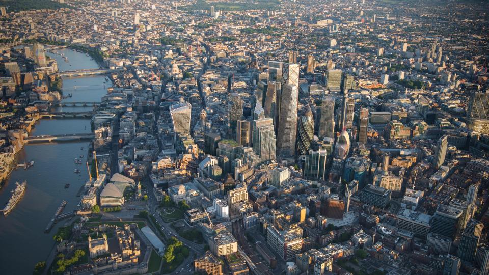  An aerial view of the City of London shows the area's new look facing west