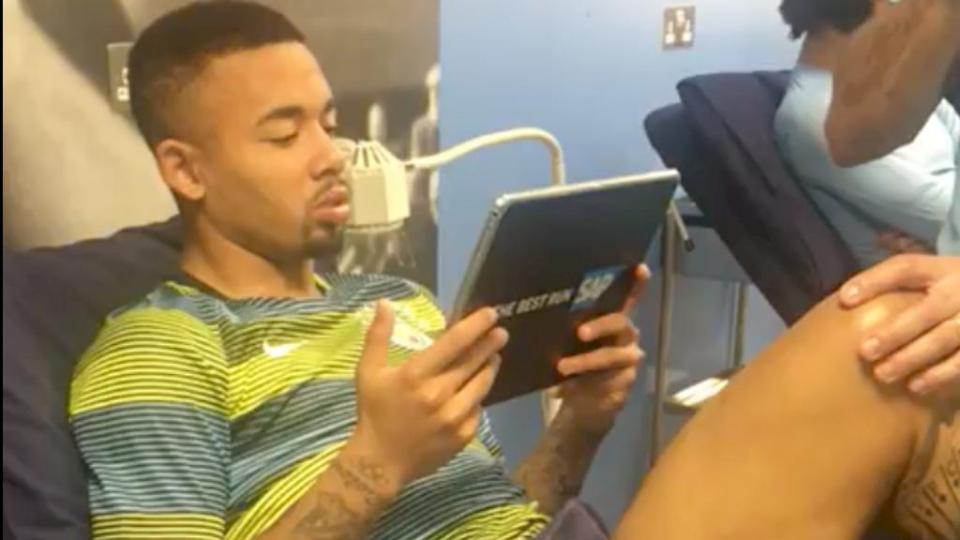  Gabriel Jesus gets to grips with the software on an iPad