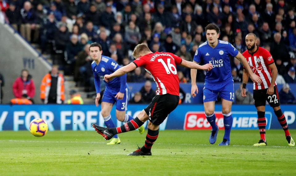  James Ward-Prowse slams home a first half penalty to give Southampton the lead at Leicester