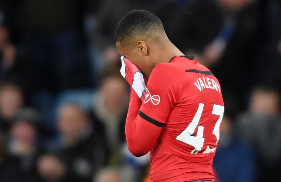  Southampton's Yan Valery was sent off after receiving two yellow cards at Leicester