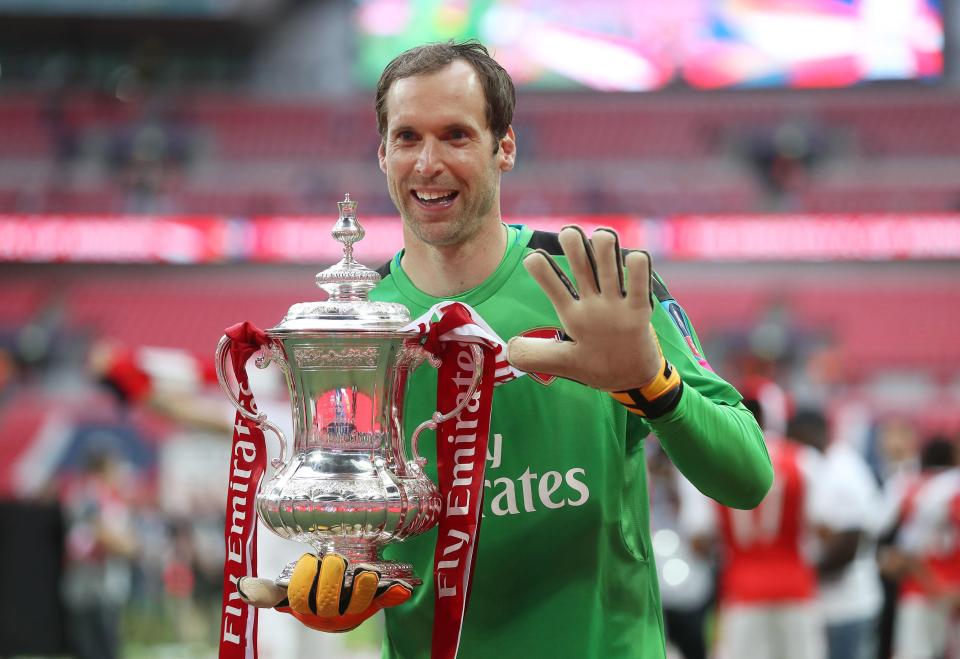  Petr Cech celebrates after winning his fifth FA Cup and fourth with Arsenal