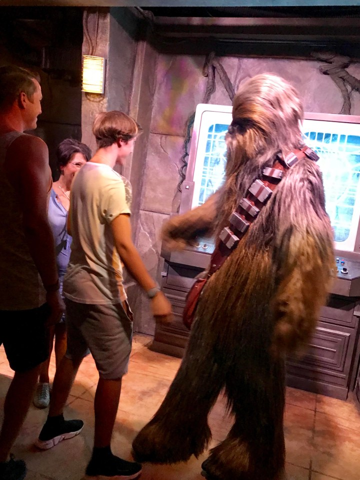 The Disney experience brings iconic characters such as Chewbacca to life