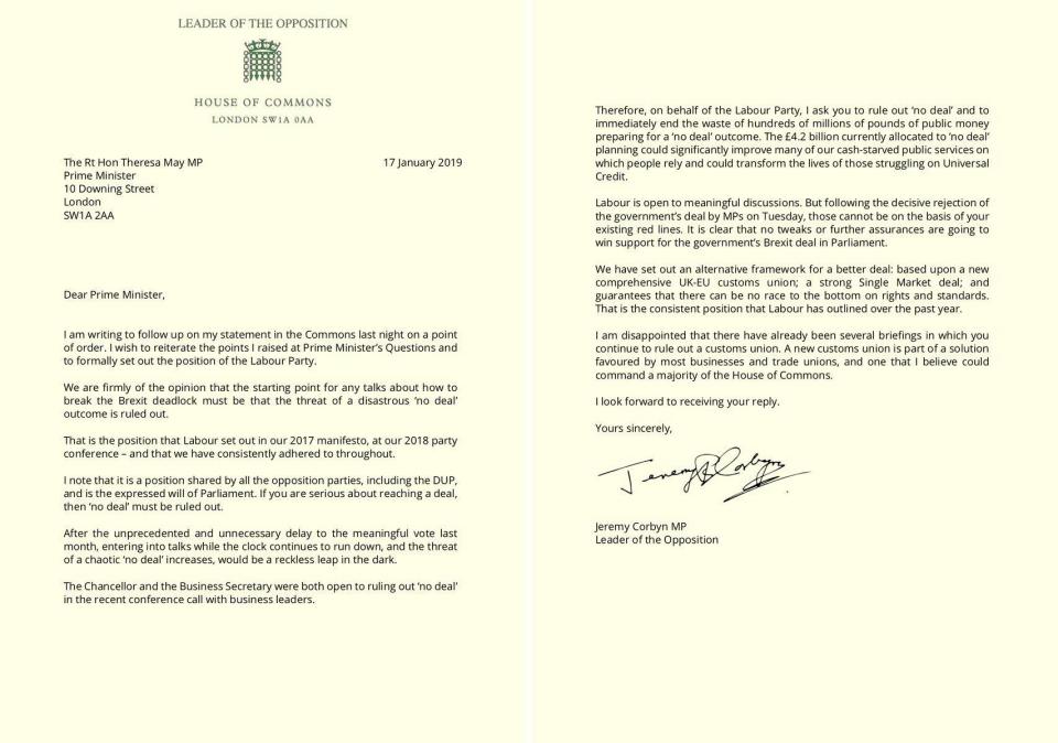  The labour boss wrote to the PM to demand she take No Deal off the table