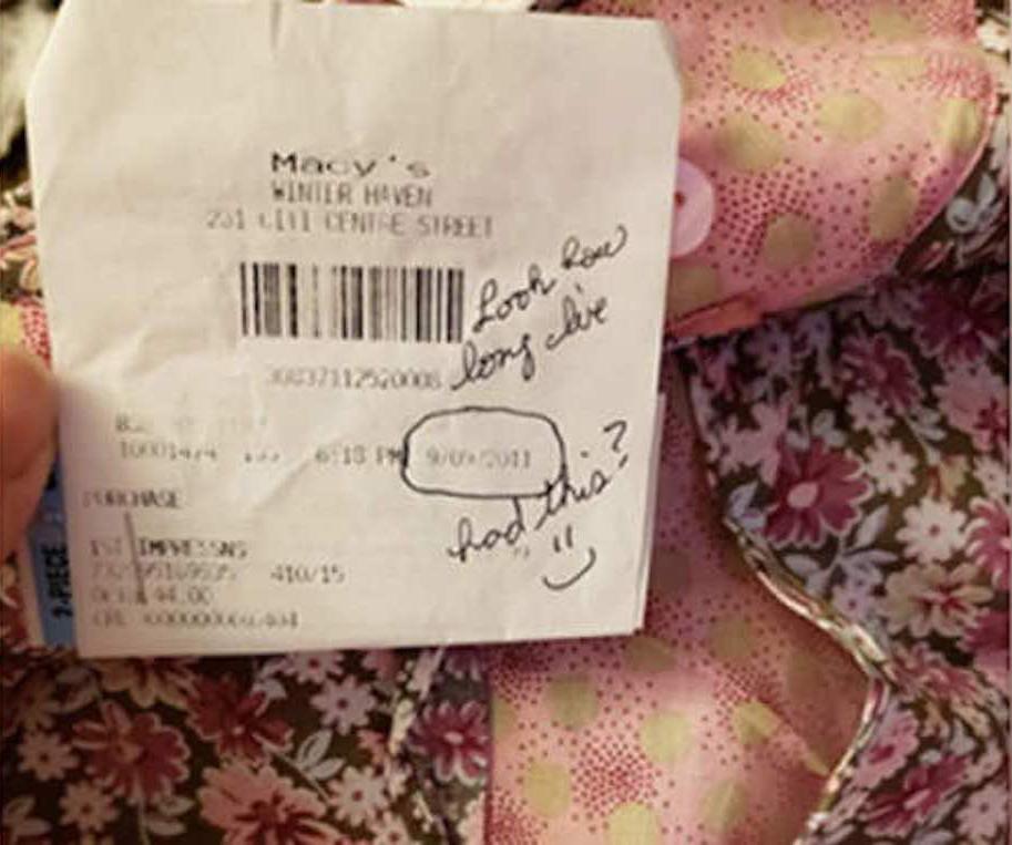  A woman has shared a photo of a dress receipt - that reveals a very bizarre coincidence