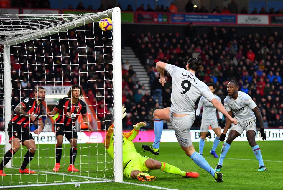  Andy Carroll in action during West Ham's 2-0 defeat to Bournemouth on Saturday