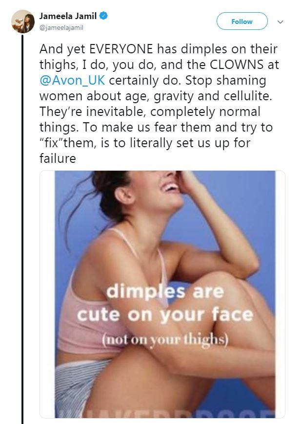  Jameela Jamil took to Twitter to slam a series of Avon adverts for anti-cellulite cream