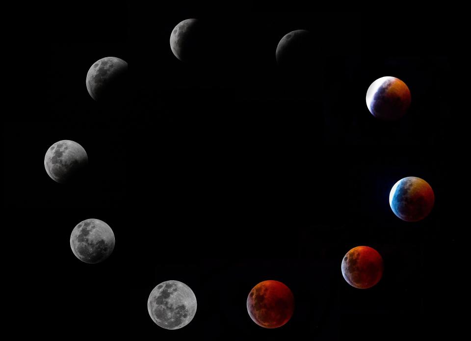  A composite photo shows all the phases of the so-called Super Blood Wolf Moon total lunar eclipse