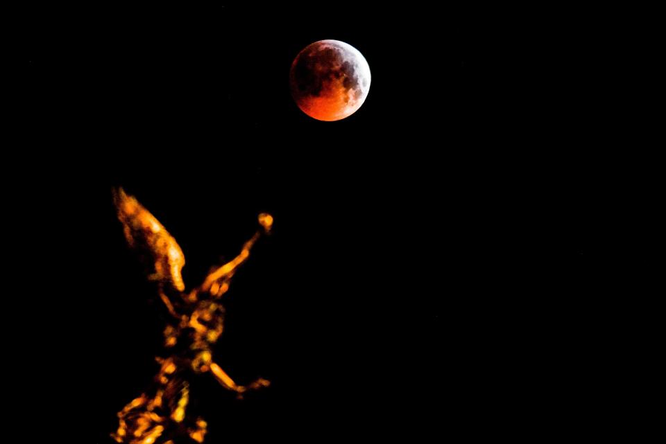  The so-called Super Blood Wolf Moon is seen over a Pheme sculpture on a rooftop of the Academy of Fine Arts in central Dresden, Germany