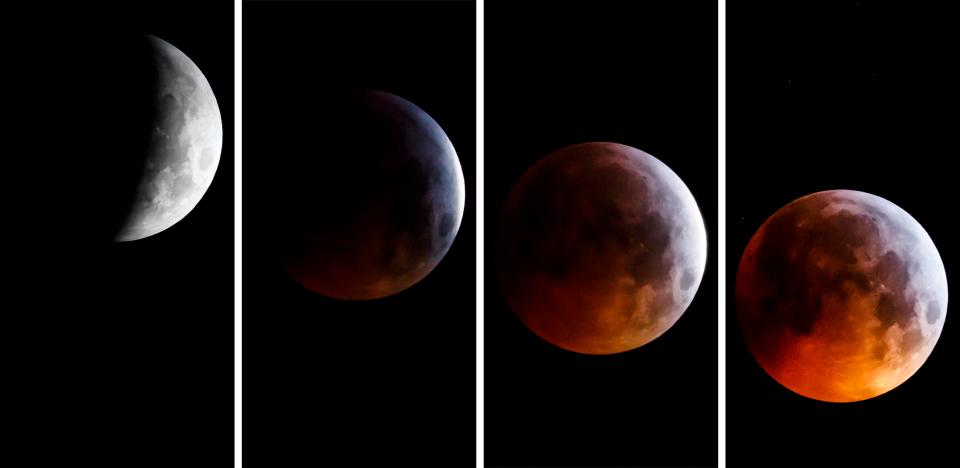  A composite image shows different phases of a total lunar eclipse (chronologically from left to right) in Allaman, Switzerland