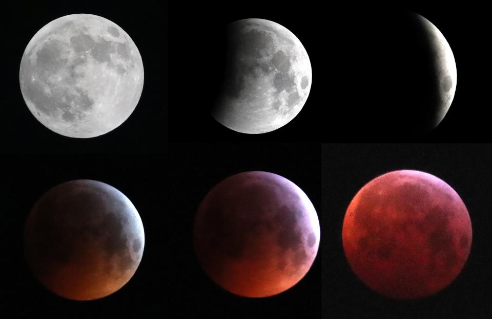  A combination photo shows the moon during the eclipse in Brussels, Belgium