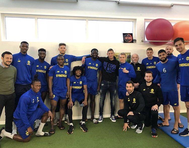 Emiliano Sala poses with his Nantes team-mates on Monday in a social media post titled ‘The Last Goodbye’