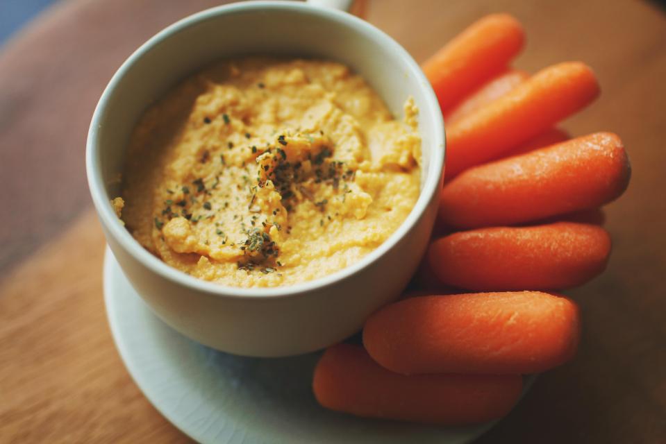 Snacks like hummus and veg are great later in the day