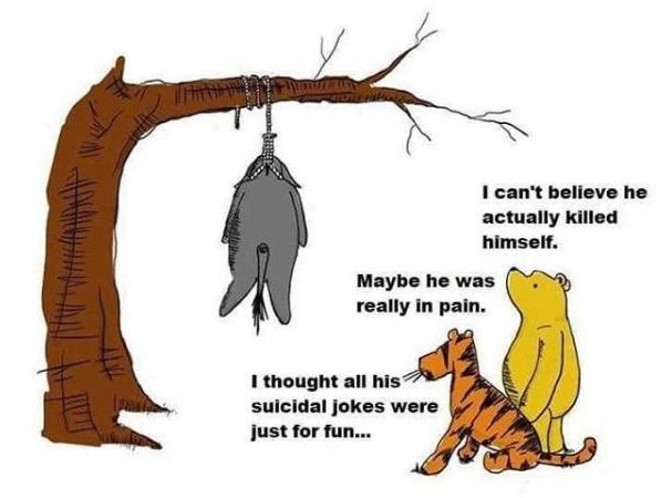  And in a sick take on AA Milne’s beloved book characters, Eeyore’s grey body is seen hanged from a tree as Winnie the Pooh and Tigger stare on