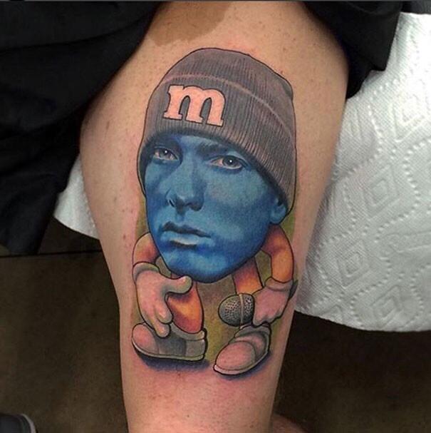  Eminem has had his face superimposed on an M&M character on a fan's tattoo