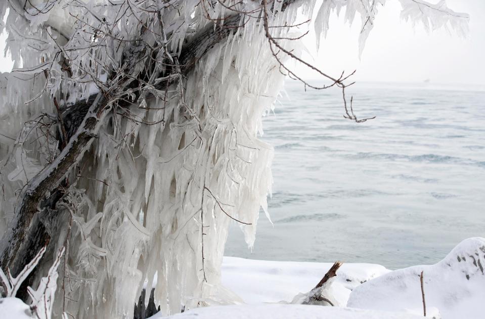  Ice and snow builds up along Lake Michigan in Chicago, Illinois