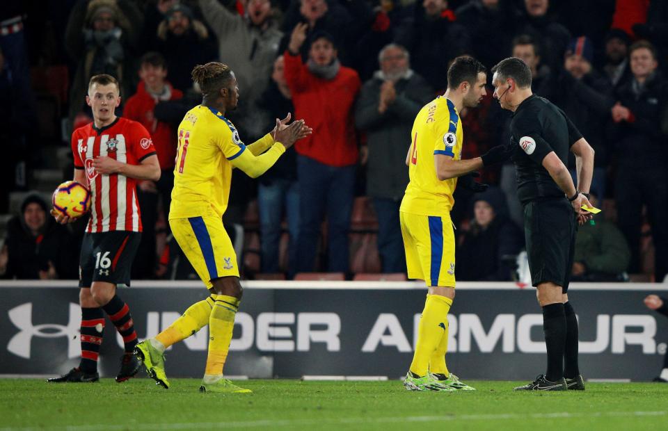  This action from Wilfried Zaha earnt him a second yellow card and subsequent red three minutes from time