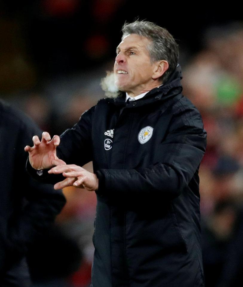  Leicester boss Claude Puel feels the cold at Anfield during 1-1 draw