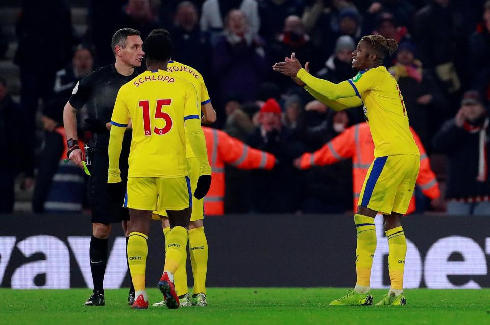  Wilfried Zaha was incandescent that he should have been given a free-kick after a challenge from James Ward-Prowse