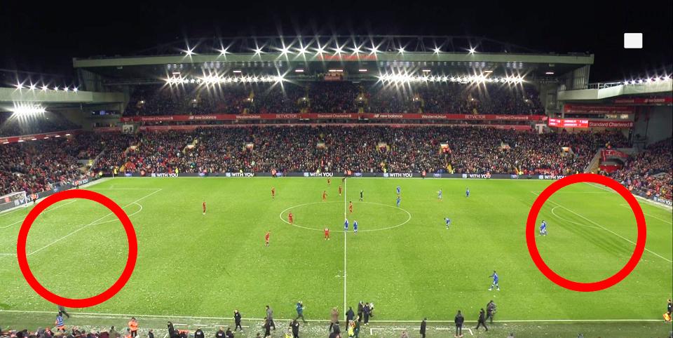  The Kop end is cleared of snow while the side Leicester are attacking has not been touched