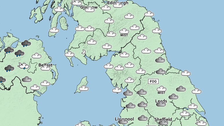  The north will see some hill fog and mist as showers fall on Northern Ireland