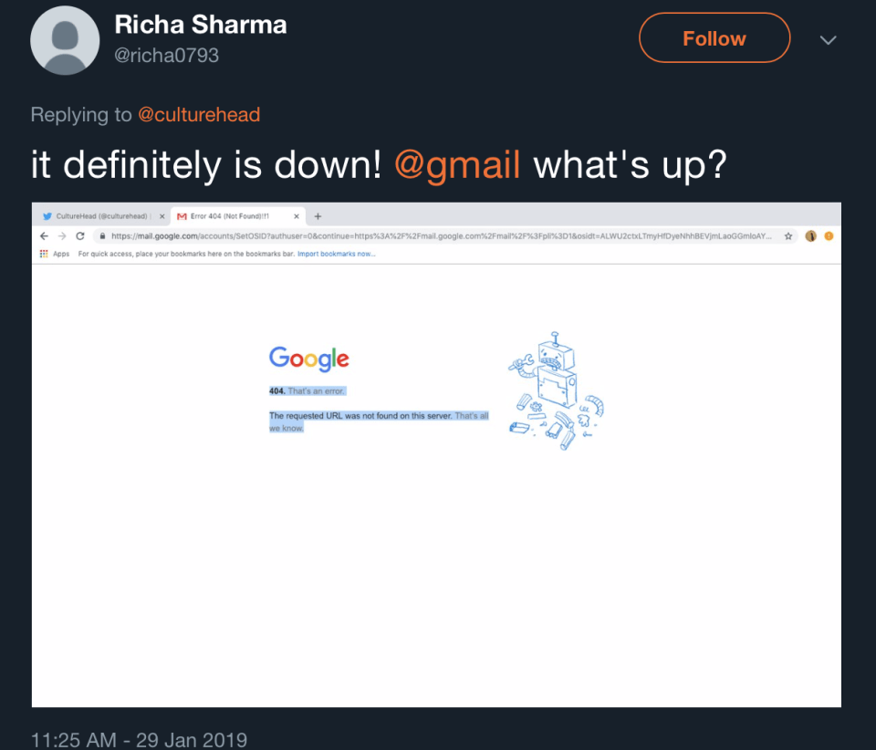  Users saw an 'Error 404' message when trying to log onto Gmail