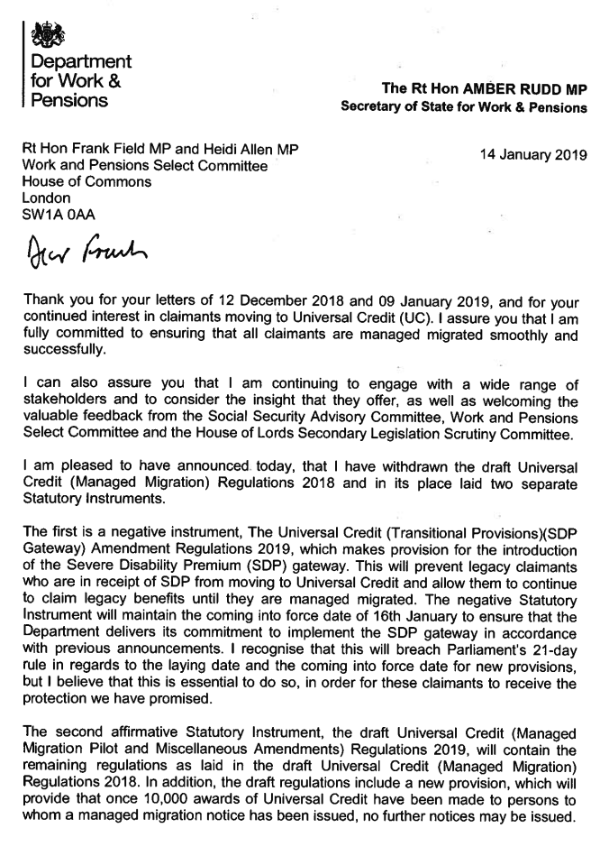 Amber Rudd wrote to Frank Field to confirm that people getting SDP won’t go onto Universal Credit for now