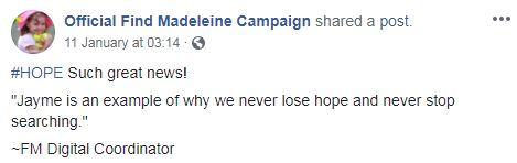 The official Find Maddie Campaign page, which is endorsed by her parents, shared this after the news broke of Jayme being found