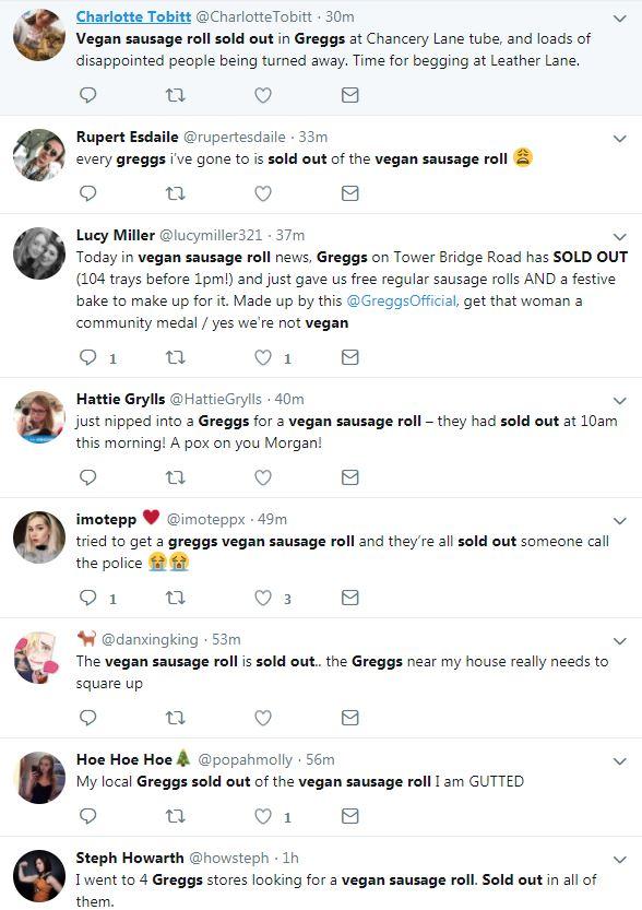 Dozens said all their local Greggs stores had sold out of vegan sausage rolls 