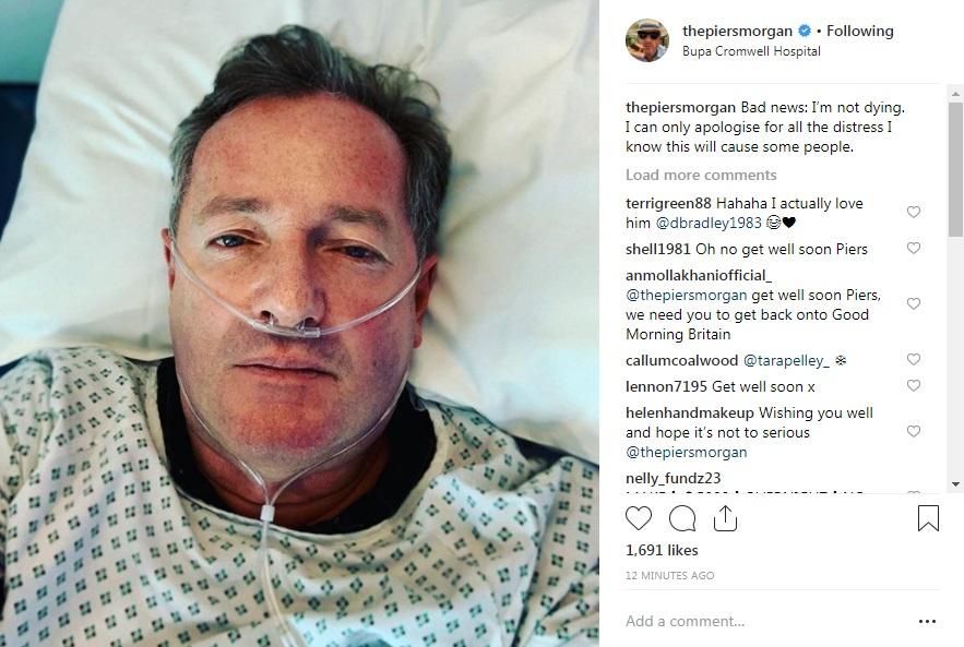  Piers Morgan shared this snap of him wearing an oxygen tube through his nose in hospital