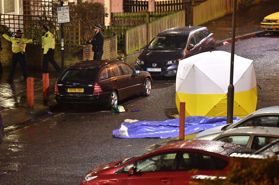 Police remain at the scene as they investigate the fatal stabbing in Battersea