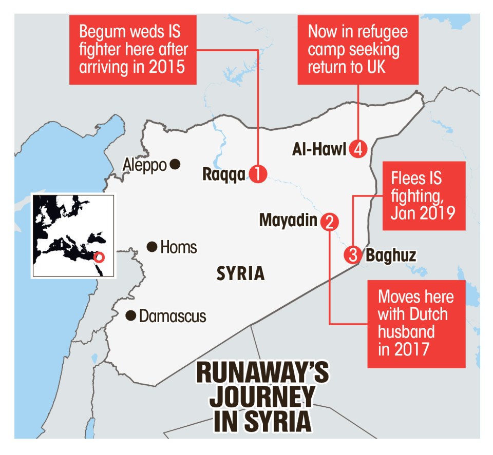  Map showing the runaway Jihadi bride's journey in Syria