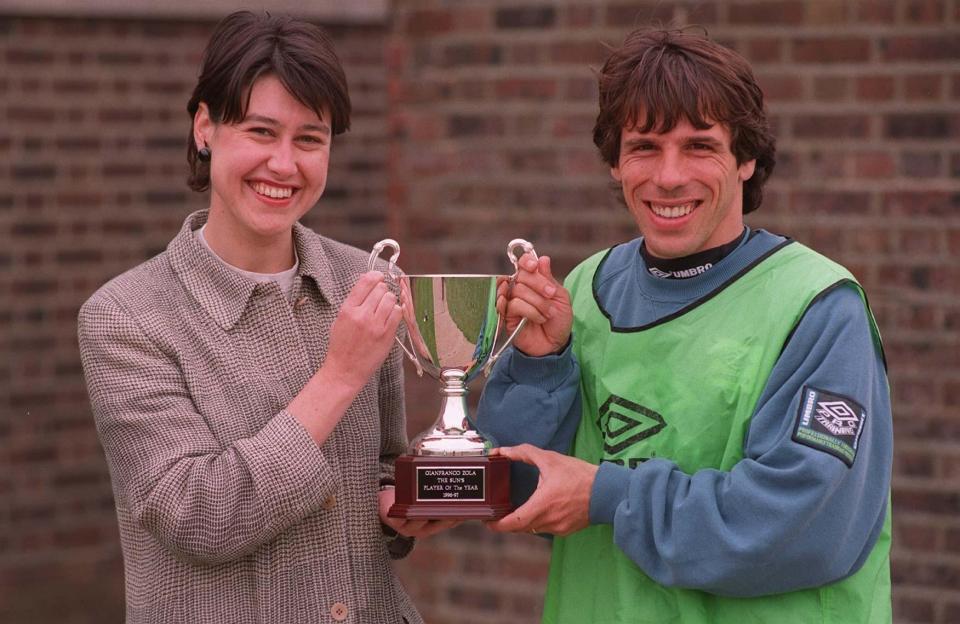 Football expert Vikki was on hand to present Chelsea star Gianfranco with The Sun Player of the Year trophy in 1997