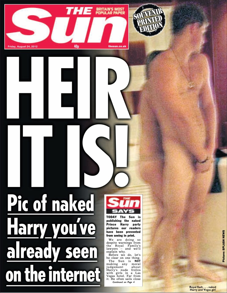  The Sun's front page after Prince Harry was pictured naked in Vegas