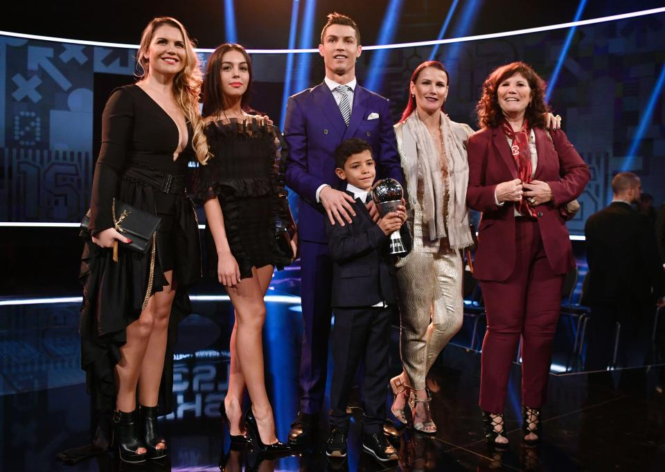 Georgina Rodriguez joins Cristiano Ronaldo and his family on stage during the 2016 Fifa The Best awards