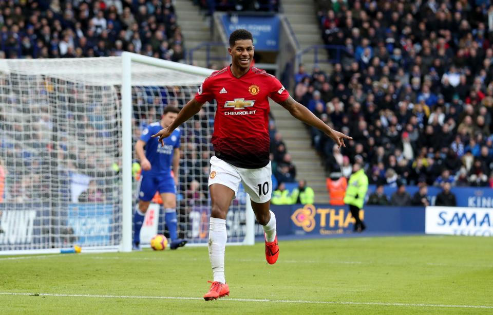 Marcus Rashford celebrates scoring against Leicester in a crucial 1-0 win for Manchester United