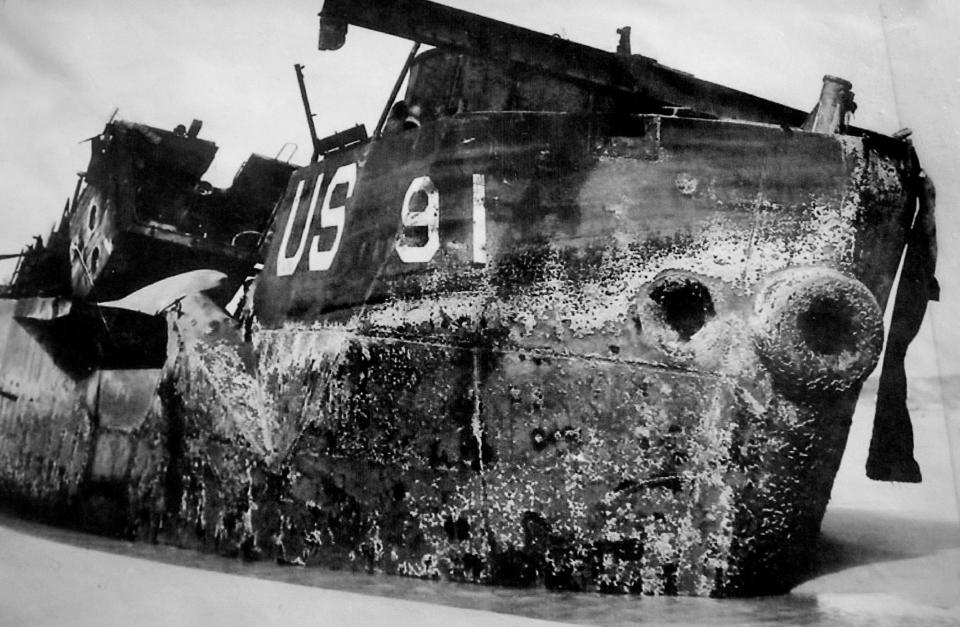  A ruined LCI 91 struck by artillery and possibly mines, from which no one in the forward compartment escaped