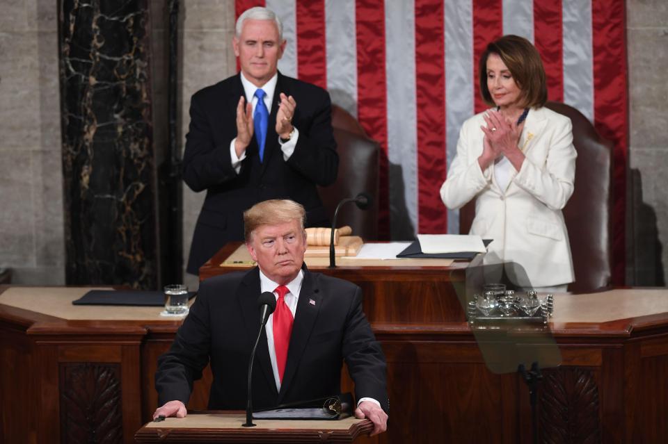  President Trump delivering his State of the Union address in front of Vice President Mike Pence and House Speaker Nancy Pelosi