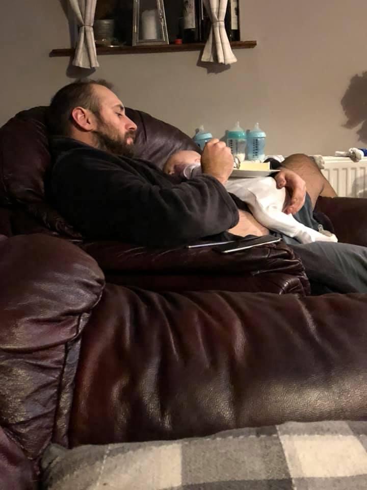 Jamie Pollard, from Leeds, was photographed balancing his plate on top of his baby Chester