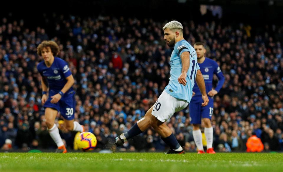  Aguero got his third from a spot kick and became to first player since Alan Shearer to score back-to-back hat-tricks