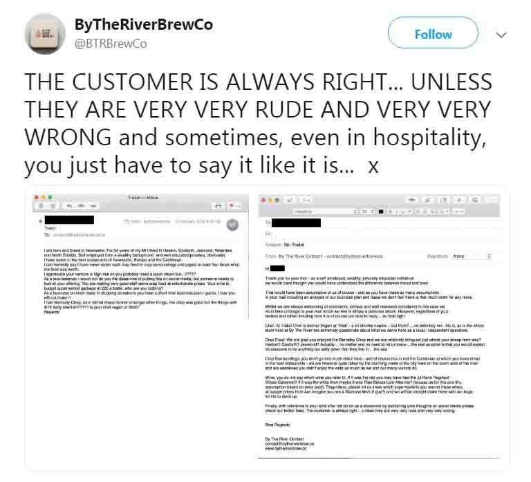  Brewery bosses posted the complaint and their response to Twitter