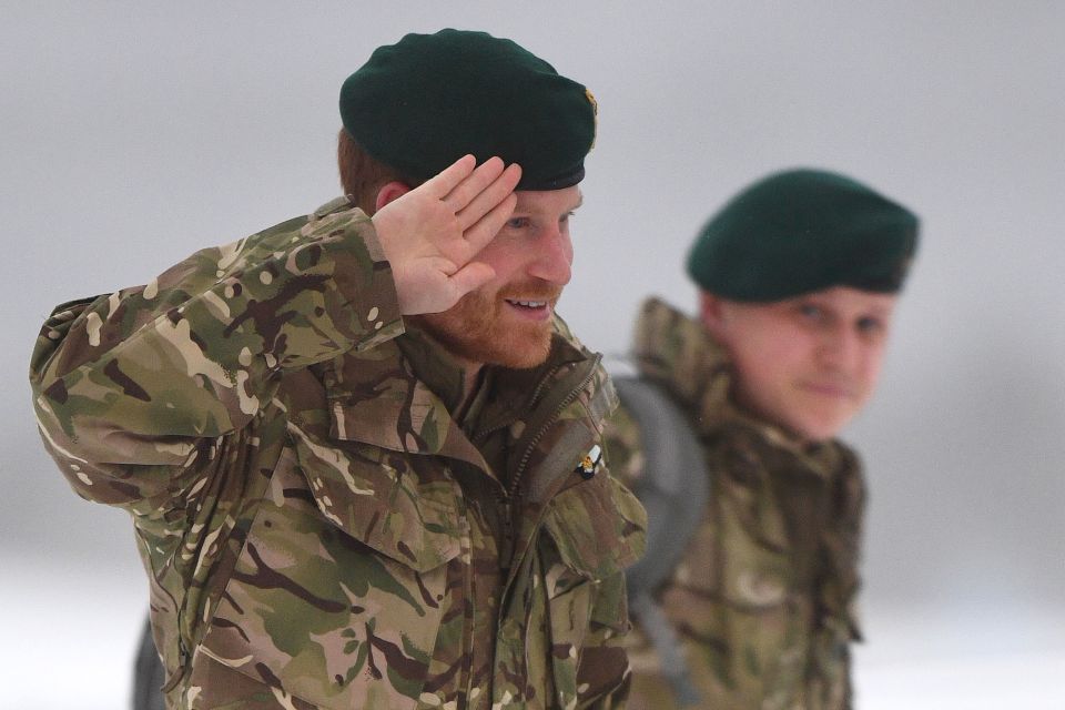  The Duke of Sussex salutes as he greets soldiers