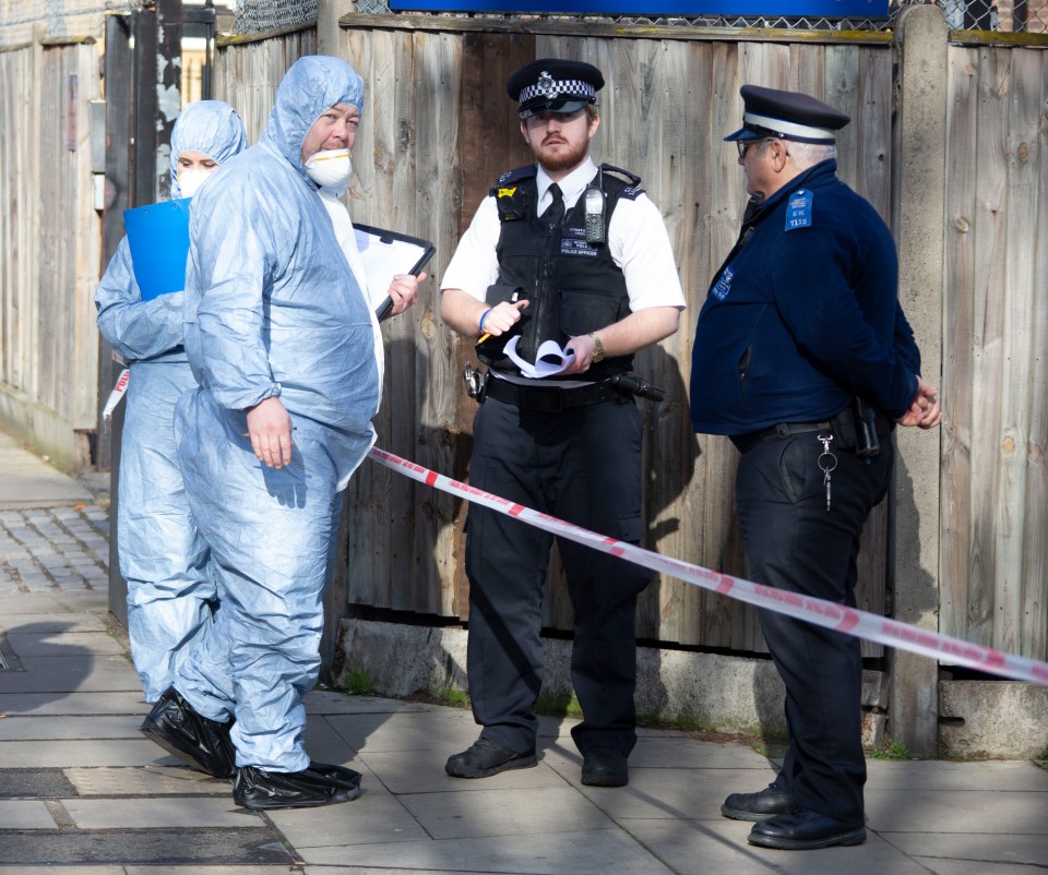  Forensics officers examining an alleyway near the scene