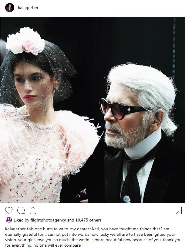  Kaia Gerber, the daughter of Cindy Crawford, said the world is a 'more beautiful place' thanks to Lagerfeld