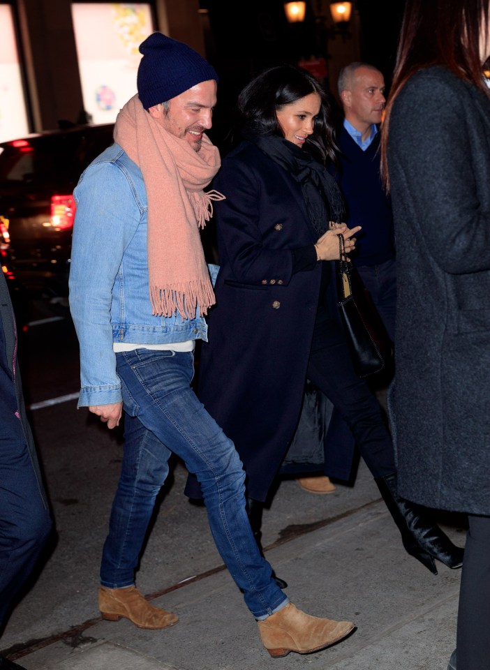 Markus Anderson opted for a more casual look in a denim jacket and pink scarf