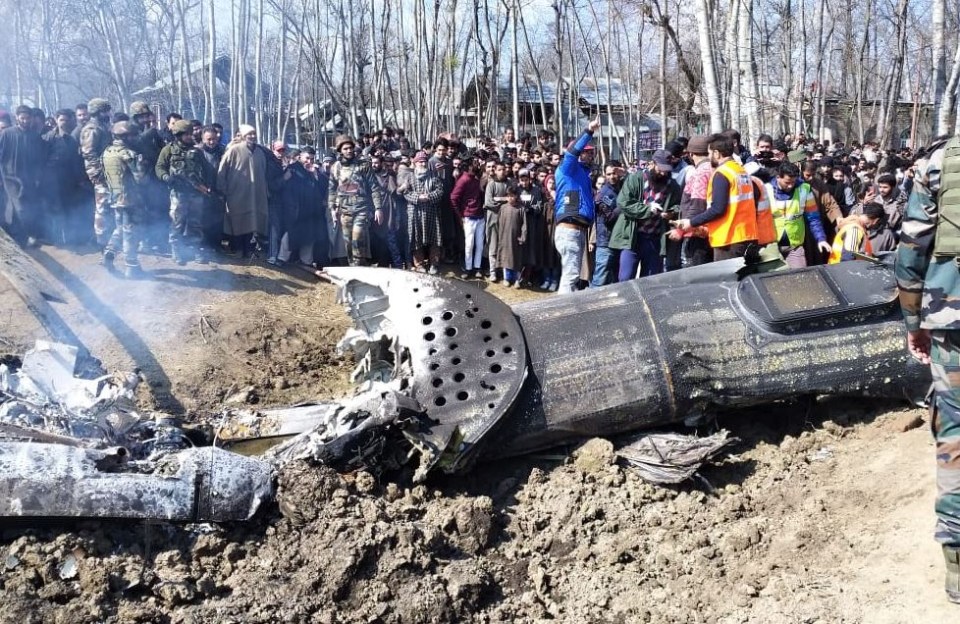 Wreckage from an Indian fighter jet believed to have been shot down by Pakistani forces